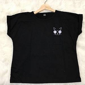 Tshirt printed cat pocket (black)