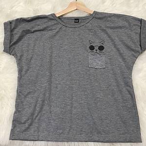 Tshirt printed cat pocket (misty)